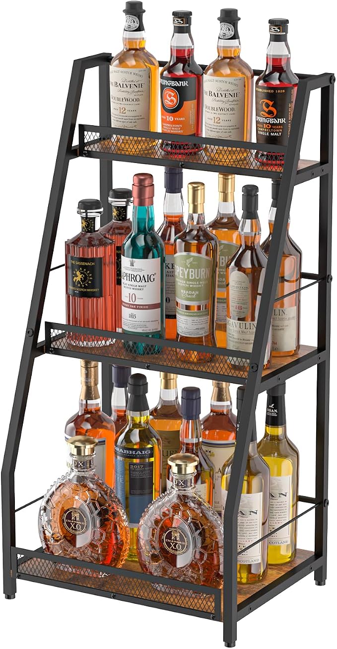 Hayexiha 3-Tier Liquor Stand for Home Bar, Stepped Freestanding Wine Rack | Compact Display: 15.55-inch-wide wood-and-iron stand has three fenced tiers and adjustable feet for corners or home bars.