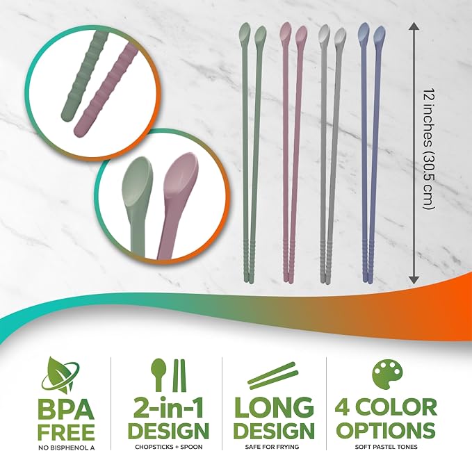 Reusable Long Silicone Cooking Chopsticks with Spoon 12 Inches 2 Pairs Set, Dishwasher Safe, BPA-free Non-Slip, Non-Scratch, Korean Japanese Kitchen Utensils (Pastel Grey 2 Set)
