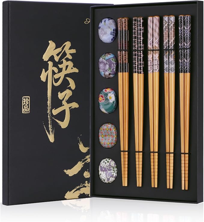 Antner 5 Pairs Reusable Bamboo Chopsticks with Ceramic Rests, 8.8 Inch Japanese Style Chop Sticks with Chopstick Holders for Sushi Ramen Asian Cuisine, Elegant Black Gift Box for Home or Gift Giving