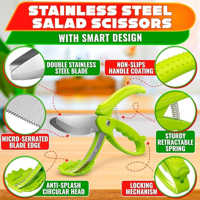 Salad Scissors for Chopped Salad, Two-Blade, Spring-Loaded System | 8.9" Salad Chopper Scissors for Fast Double Cutting; Chops Lettuce, Veggies, and Fruits; Non-Slip Handle; Anti-Slash Head