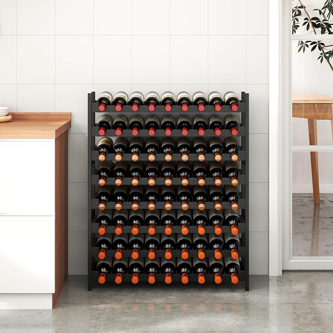 Bamboo Large Wine Rack, 8-Tier Freestanding Floor Bottle Storage Holder | 72-Bottle Storage | Wooden Wine Storage Organizer Shelves for Kitchen Bar, Cellar, & Dining Room | Black | Anti-Tip Kit