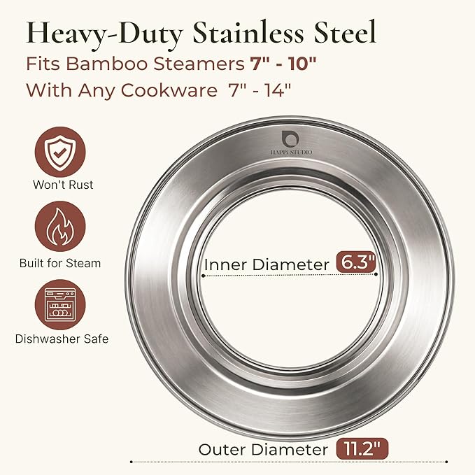 Stainless Steel Steamer Ring for Bamboo Steamer Basket 11-Inch | Fits 7 - 10 Inch Dumpling Steamer Baskets - Ring Adapter for Woks & Pots for Cooking Dim Sum, Rice, Bao Buns, Vegetables