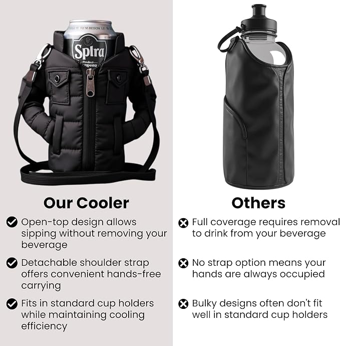 Gadgetime USA - 12oz Insulated Can Cooler Jacket (Black) - Beverage Holder with Detachable Strap - Beer/Soda Carrier - Can Holder with Shoulder Strap, Insulated Sleeve, Funny Gift for Friends & Family