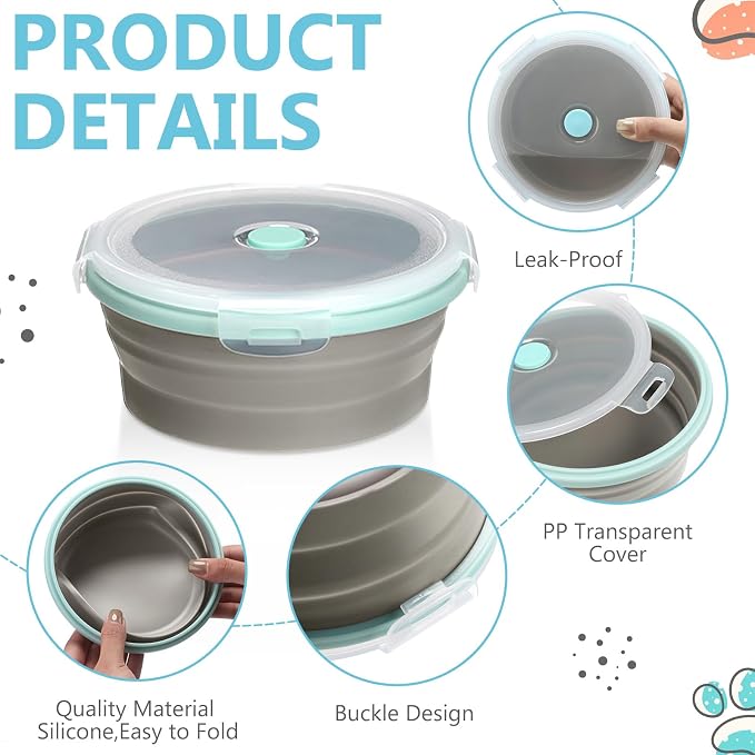 4 Pcs Collapsible Bowls with Lids Silicone Camping Food Storage Container Expandable Folding Salad Lunch Box Travel Container for Hiking Camping