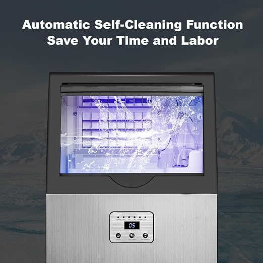 Amzgachfktch Commercial Ice Maker, 100lbs/24H Ice Maker Machine, Auto Self-Cleaning, LED Digital Display, Blue Light, Under Counter/Freestanding Ice Machine for Home/Office/Restaurant/Bar