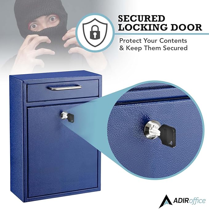 AdirOffice Mailboxes for Outside Wall Mount Large with Key Lock, Metal Locking Mailbox with Post Outdoor, Residential Mail Box Lock and Key, Cash Drop Box for Money, Parcel, Envelopes & Cards Blue