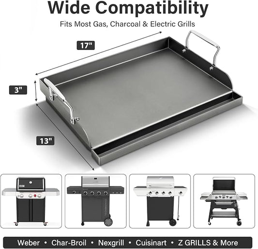 17" x 13" Cast Iron Flat Top Griddle - Oil Coating Non-Toxic - Universal Grill Insert with High Sidewalls, Fits Gas/Charcoal/Electric Grills (Weber, Charbroil, Nexgrill, More)