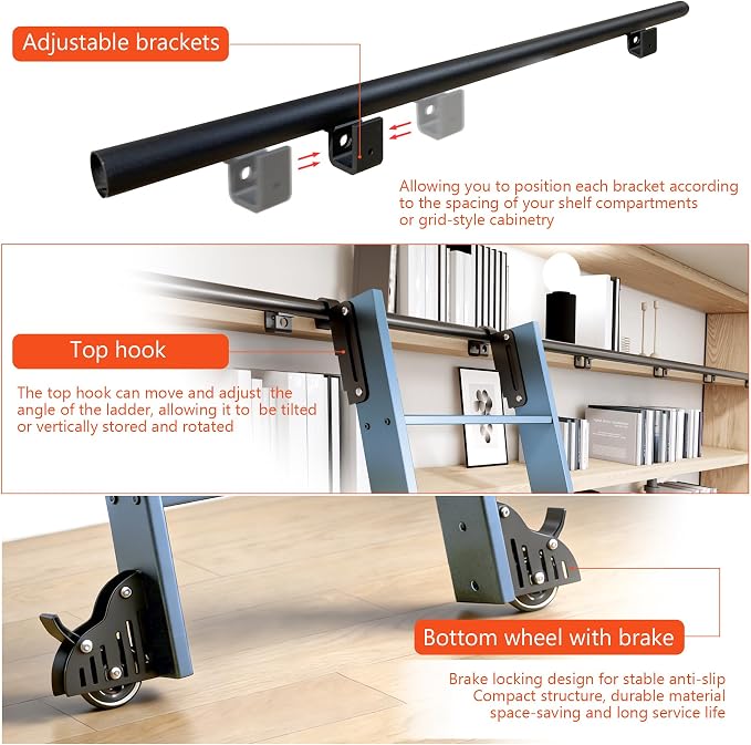 DIYHD 96" Rolling Library Ladder with Handrail, 4FT Sliding Rail, Blue | 8-Step lightweight ladder with space-saving upright storage, Telescopic top hooks, Locking bottom rollers, 300lbs capacity