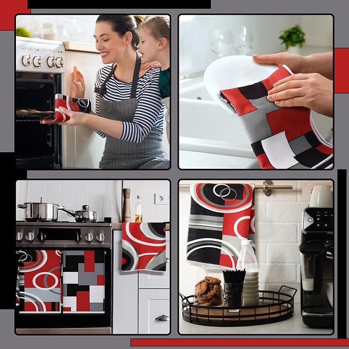 Boyiee 6 Pcs Modern Geometric Kitchen Towels | Red Black Grey White Dish Hand Towels 24 x 16 Inches Gifts Decorative Tea Cloth Gifts for Farmhouse Kitchen Bathroom Decor