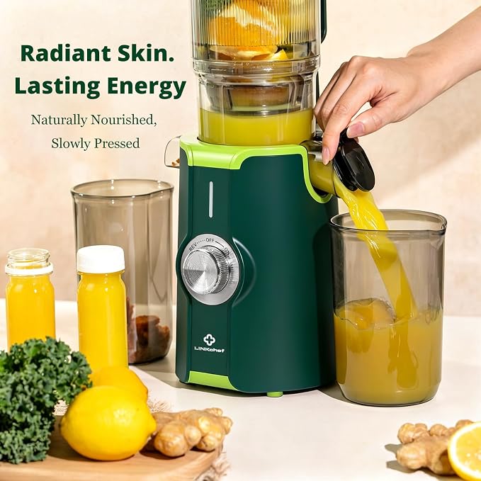 LINKChef Cold Press Juicer Machine, 4.53" Whole Fruit Slow Masticating Juicer with Auto Cutting, 200W Quiet Motor & High Juice Yield, Easy Clean Compact Juicer Extractor with Recipe Guide, Green