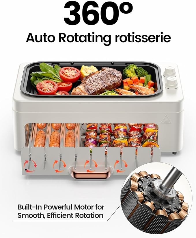 4-in-1 Electric Indoor Grill Smokeless for Home,Countertop Electric Grill with Removable Sizzle Grill Pan & Grate + Auto Rotating Kabob Skewers + Electric Hot Dog Roller Dual Zone Cooking with Lid