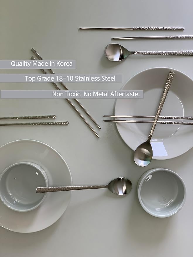 Korean Made Silver Glossy Hammered Stainless Steel Korean Spoon & Chopstick SET Gift for Mom Stocking Stuffer(4SET)