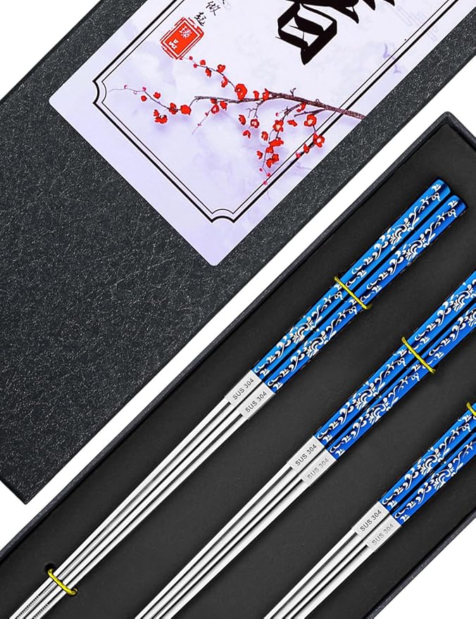 TINMARDA Metal Chopsticks Reusable, 3 Pairs Non-Slip Chop Sticks Reusable Dishwasher Safe, Titanium Plated Stainless Steel Chopsticks Present Set (Blue Silver)
