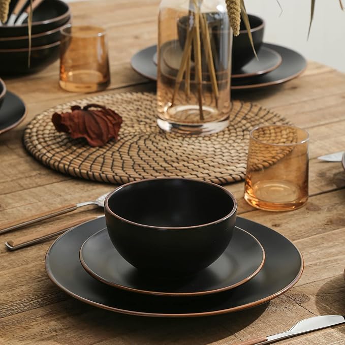 Stone Lain Brasa Modern Stoneware 16 Piece Dinnerware Sets, Plates and bowls Sets, Dish Set for 4, Black
