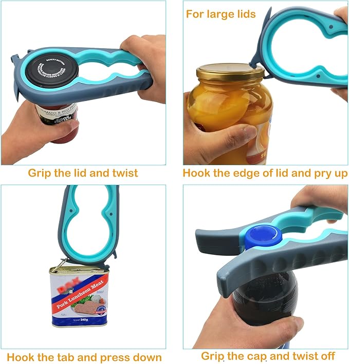 Otstar 6 in 1 Jar and Bottle Opener for Weak Hands, Seniors with Arthritis | Multi-use Lid Opener Set, Includes Non-slip Rubber Gripper Pad & Wine Opener, Comfortable Grip, Simple Twist-off Operation