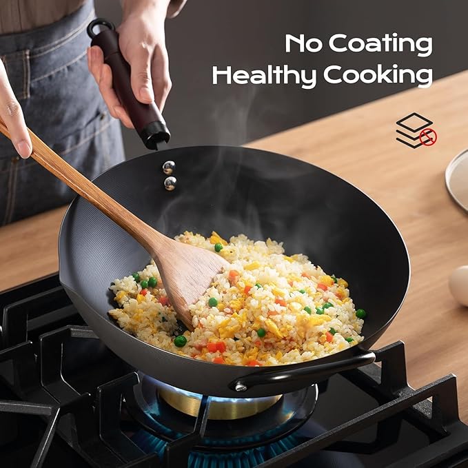 FGJ Wok, 13 Inch Carbon Steel Woks & Stir-fry Pans Nonstick Roasting Pan | Pre-Seasoned 5.8QT Flat Bottom Chinese Wok Roasting Pan with lid,PFOA/PTFE free Cookware Compatible with All Cooktops