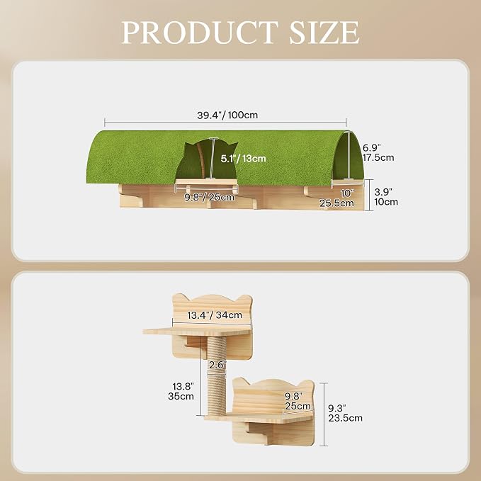 Cat Wall Shelves Set, 7-in-1 Cat Wall Furniture with Tunnel | Multi-Level Floating Cat Shelves for Space Saving, Solid Wood Cat Climbing System with Scratching Posts, Burlywood