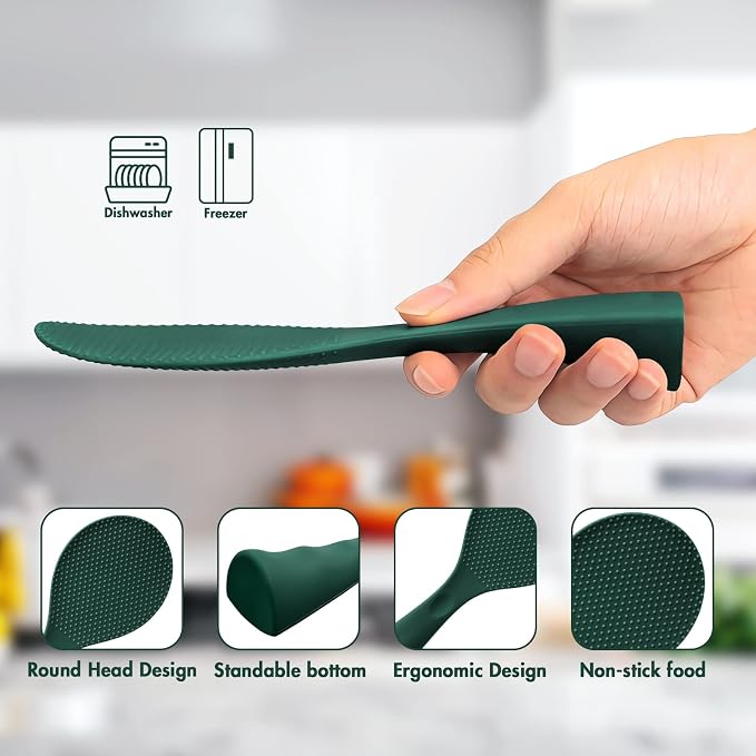 Silicone Standing Rice Spatula, Heat Resistant Rice Cooker Paddle, Serving Spoon (Rich Green)