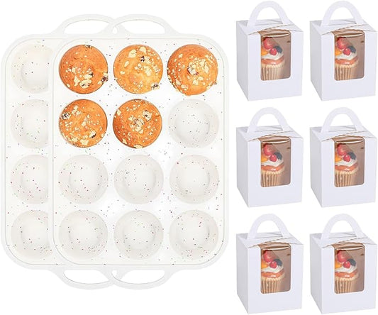 Silicone Muffin Pans for Baking with Metal Reinforced Frame 2 Pack with 24 Pack Individual Cupcake Containers, Nonstick Silicone Cupcake Pan for Baking Homemade Muffins, Dishwasher Safe BPA Free