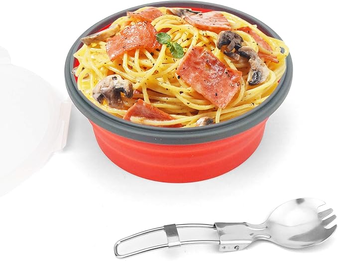 CCyanzi 1200ml Collapsible Camping Bowl Silicone Food Storage Container with Lid and Foldable Stainless Steel Fork Spoon, for Picnic, Travel, Camping, RV, Fridge and Microwave Bowls