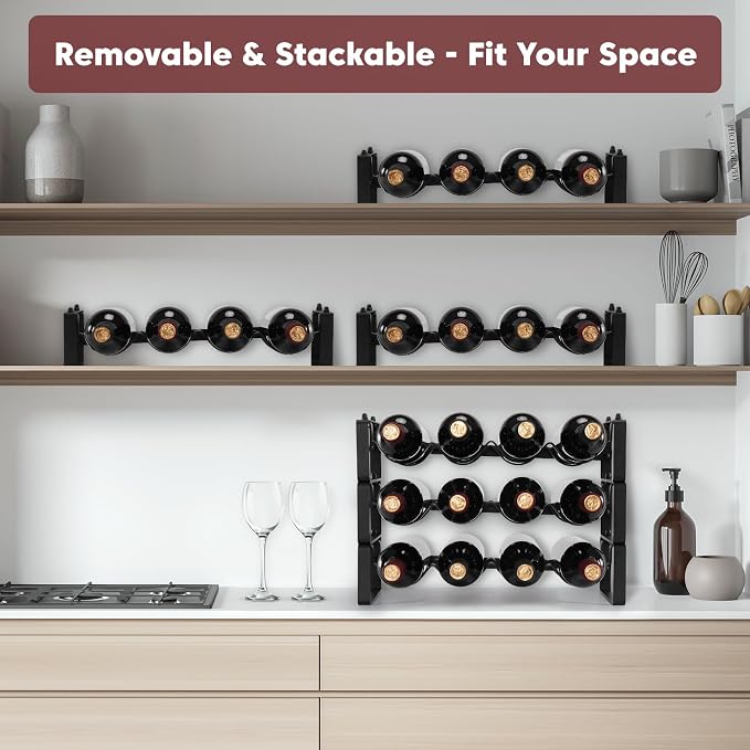 3 Tier Stackable Wine Rack Countertop, 12 Wine Bottle Holder for Cabinet | Small Tabletop Wine Holder Stand for Pantry Bar, Sturdy Wire Wine Bottle Rack Metal Wine Freestanding Storage Organizers