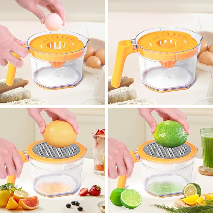 4-in-1 Lemon Squeezer, 16.9oz Manual Juicer with Dual Reamers | Multifunctional Citrus Juicer, Lemon Lime Squeezer with Detachable Handle/Grater/Egg Separator/Measuring Cup/BPA-Free, Orange