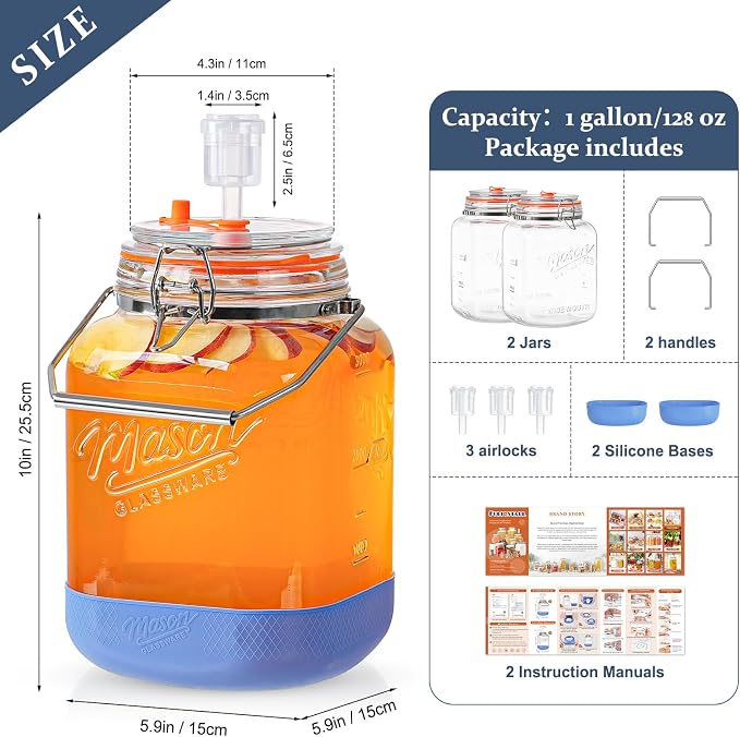1 Gallon/128 OZ Large Fermentation Jar, Mead Making Kit, Pickle Jars, 2 PCS | 3 Airlock, Stainless Steel Handle, 4.3” Wide Mouth, 100% Leakproof, Non-Slip Base, BPA Free, 2 Scale Mark, Food Grade