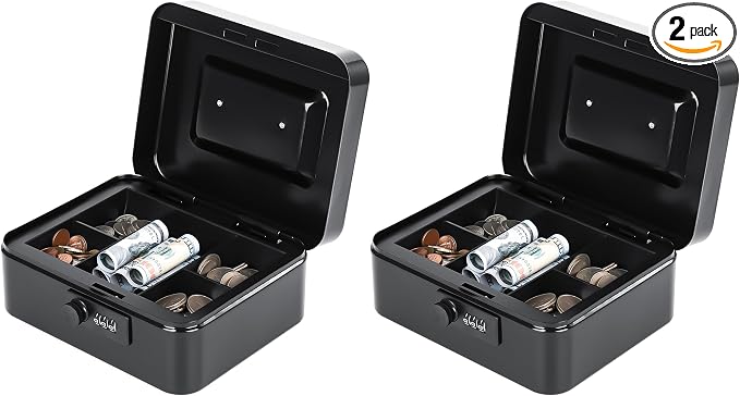 KYODOLED Metal Cash Box with Combination Lock & Money Tray - Secure Safe for Home, Office & Events, Ideal for Cash, Meds & Small Items, 7.87" x 6.30" x 3.35", Black, 2 Pack