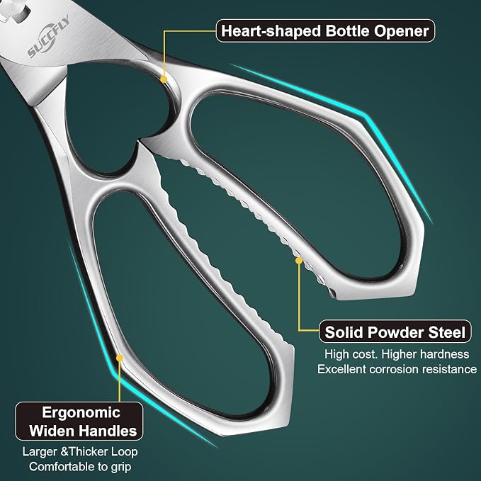 SUCCFLY Heavy Duty Kitchen Shears for Food, Titanium Plated Silver 8.8 Inch | Premium Kitchen Scissors, Ultra Sharp Detachable Blade, Ergonomic Steel Handle Meat Scissors, Poultry Shears Cooking Scissor