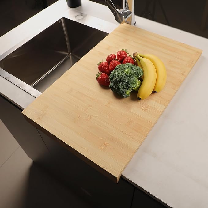 BAMOTTO CRAFTBAMBOO 12.5x20.4 Inch Bamboo Cutting Board Over Sink | Built-in Front Lip | Flat Both Sides | Non-Slip RV Camper Stove Cover | Chopping Board for Small Kitchen | 4.76 lbs