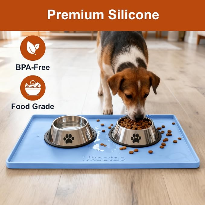 ukeetap 19" x 12" Extra Thick Silicone Mat Waterproof with Raised Edge, BPA Free Non-Slip Dog & Cat Food Mat, Feeding Mat for Food and Water Bowls, Spill Proof Mat to Protect Floors, Blue