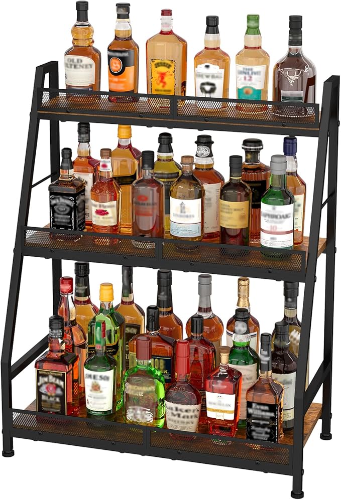 Hayexiha 3-Tier Expanded Liquor Stand, Freestanding Trapezoid Wine Rack | 40+Bottle Capacity: 24.8-inch-wide wood-and-steel stand has stepped shelves, safety fencing and adjustable feet.