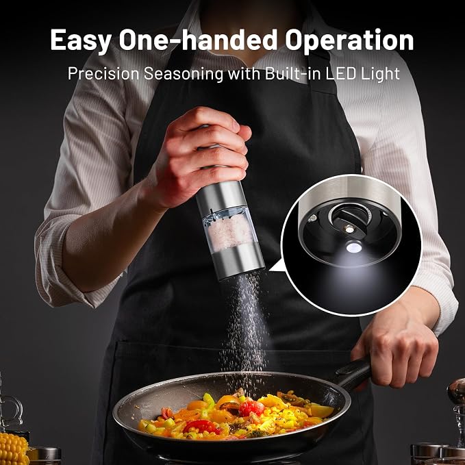 SIMPLETASTE Electric Salt and Pepper Grinder Set with LED Light, Automatic Pepper Mill Shakers with Adjustable Coarseness, One Hand Operation for Kitchen, Dining, Gifting, Silver, Battery Operated