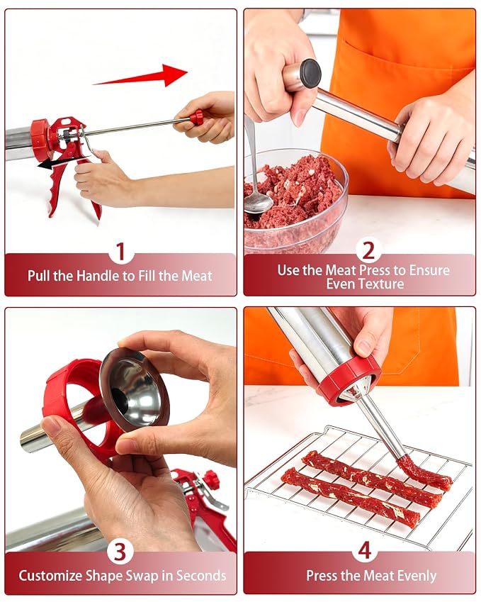 2LB Jerky Gun Kits, Sausage Stuffer, Stainless Steel Beef Meat Maker, Beef Stick Gun, Jerky Shooter Cannon with 5 Versatile Nozzles, 5 Cleaning Brushes and 1 Meat Pusher, Gifts for Women Men