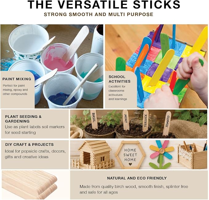 Apremont 200 Piece 6 Inch Large Jumbo Wooden Craft Sticks, Premium Natural Organic Wood for Waxing, Craft Project, Tongue Depressor, Popsicle, Ice Cream Stick,Woodcraft, Paint Stirrer and Art