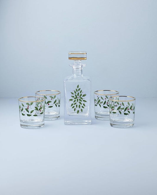 Lenox 896709 Holiday 5-Piece Decanter & Whiskey Glass Set, Christmas Dinnerware, Hosting