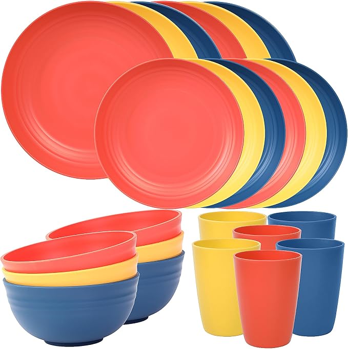 Quatish 24 Piece Plates and Bowls Sets for 6, Unbreakable Dinnerware Sets, Dish Set for Camping, Dishwasher Microwave Safe, Outdoor Kitchen and Apartment Dorm Dinning RV Essentials, Multi