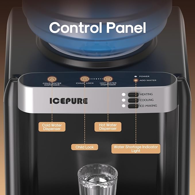 ICEPURE 3-in-1 Water Dispenser with Built-in Ice Maker, Water Cooler Dispenser for 5 Gallon Bottle Top Loading, Hot and Cold Water Dispenser with Child Lock for Home and Office, 33lbs/24H