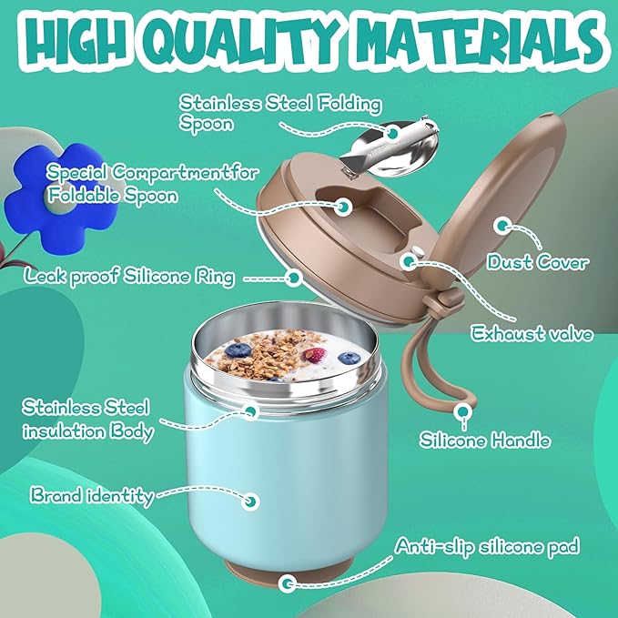 Thermo for Hot Food Kids - 15.2oz with Folding Spoon and Silicone handle | Leak Proof Insulated Food Jar, Soup Thermo, Wide Mouth Insulated Lunch Containers, Dishwasher Safety