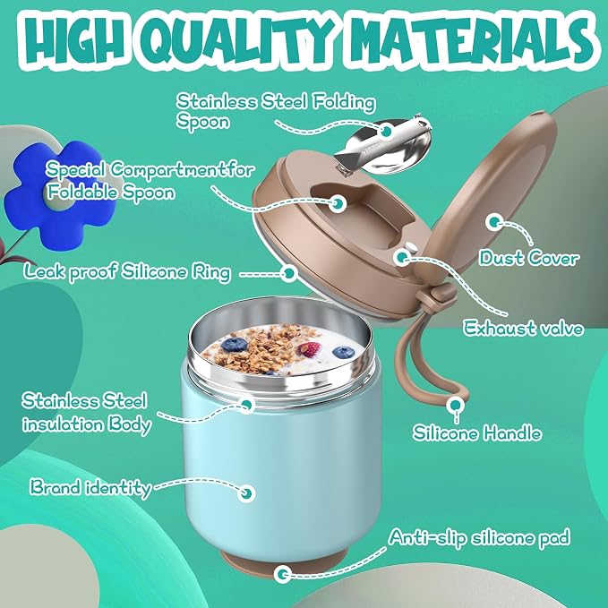 Thermo for Hot Food Kids - 15.2oz with Folding Spoon and Silicone handle | Leak Proof Insulated Food Jar, Soup Thermo, Wide Mouth Insulated Lunch Containers, Dishwasher Safety
