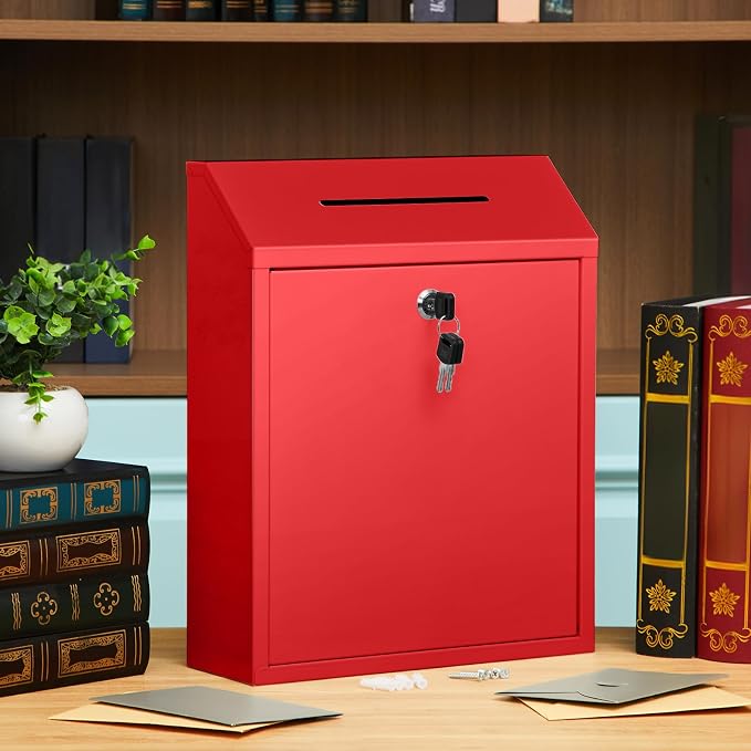 Yaocom Metal Money Box,Red,15 x 12 x 4 Inch,No Lid | Wall Mounted Drop Donation Cash Box for Farm Stand Collection Safe Suggestion Box with Lock Container for Home Office Outdoor