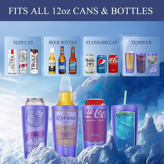 Pealeap 4-in-1 Insulated Slim Can Cooler for All 12oz Cans & Beer Bottles | Double-walled Stainless Steel Vacuum Can Cozy | Keep 8Hrs Cold | Universal Fits 12oz Drinks | No Sweat | Cup Holder Friendly