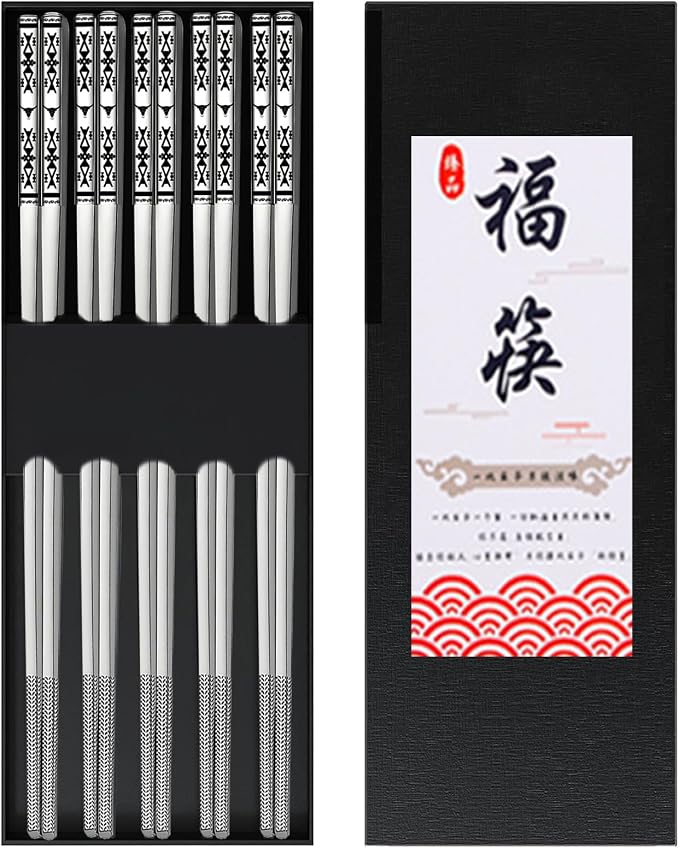 Metal Chopsticks Reusable 5 Pairs 18/8 Stainless Steel,Gift Box Set Silvery | Dishwasher Safe,Non-Slip,Square Lightweight,Boho Style