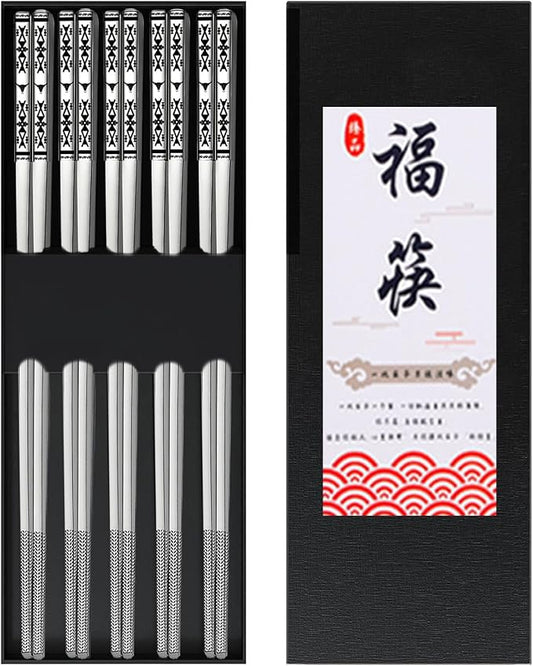 Metal Chopsticks Reusable 5 Pairs 18/8 Stainless Steel,Gift Box Set Silvery | Dishwasher Safe,Non-Slip,Square Lightweight,Boho Style