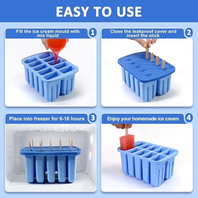 Popsicles Molds, 10 Cavity Silicone Popsicle Molds Easy-Release BPA-free Popsicle Maker Molds Ice Pop Molds Homemade Popsicle Ice Cream Molds with 50PCS Popsicle Sticks for Yogurt Juice Smoothies