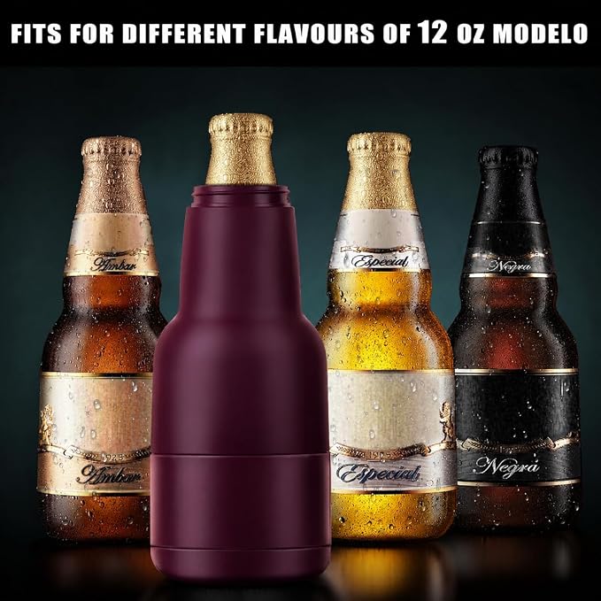 Beer Gift for Men, Lightweight Modelo Beverage Beer Bottle Cooler w/Beer Opener - Double Walled Stainless Steel 12oz. Modelo Beer Bottle Insulator Holder(Black Cherry)