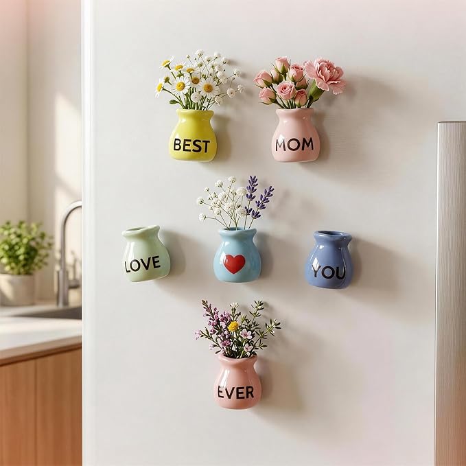 Mother's Gifts for Mom Birthday Gifts from Daughter Son - 6 Pcs Refrigerator Magnets - Mini Vase Magnets for Fridge with Artificial Flowers, Christmas Valentines Day Gifts for Moms