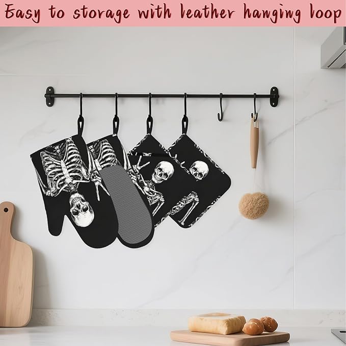Funny Skull Heat-Resistant Silicone Oven Mitts and Pot Holders 4 Piece Set,Extra Long Non-Slip Kitchen Oven Gloves for Cooking, Baking, BBQ,Grilling