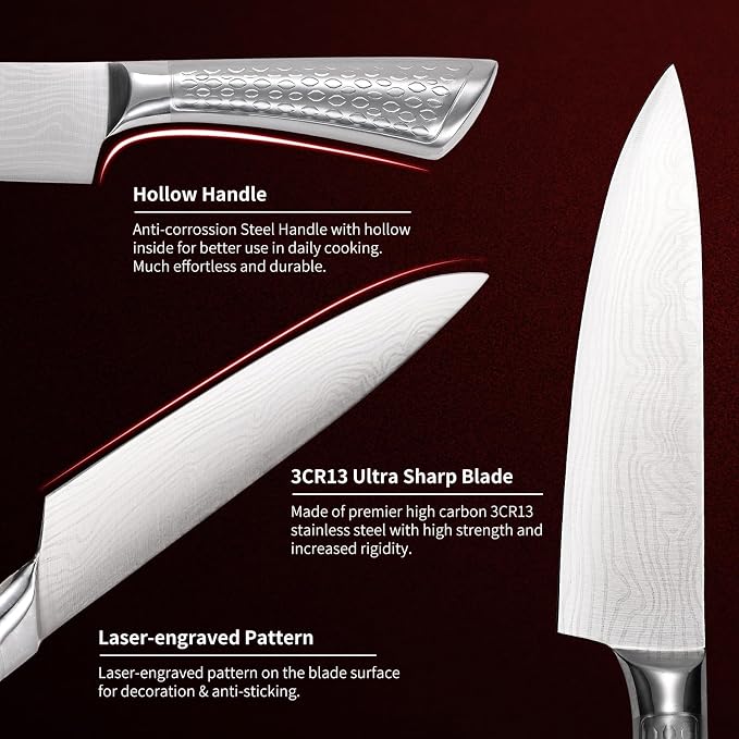 Chef Knife 10 inch Kitchen Knife Damascus Pattern Stainless Steel with Non-slip Hollow Handle