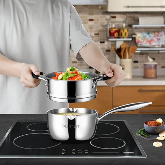 Tri-Ply Full Body Stainless Steel Sauce Pan with Steamer,1.5 Quart Small Multipurpose Pasta Pot with Strainer Glass Lid, Saucepan with Pour Spout for Cooking Stay-cool Handle.
